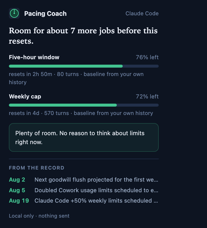 The Pacing Coach extension popup: room for about 7 more jobs before this resets; five-hour window 76 percent left resetting in 2h50m; weekly cap 72 percent left resetting in 4 days; plenty of room; and the next three dated changes from the record.